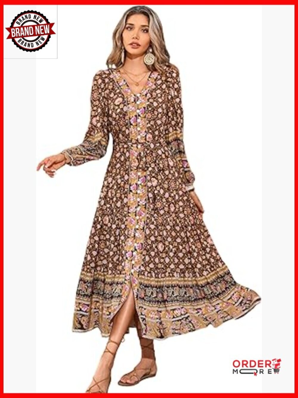 Long Sleeve Boho Midi Dress V Neck Floral Button Down Loose Ruffle Beach Dress